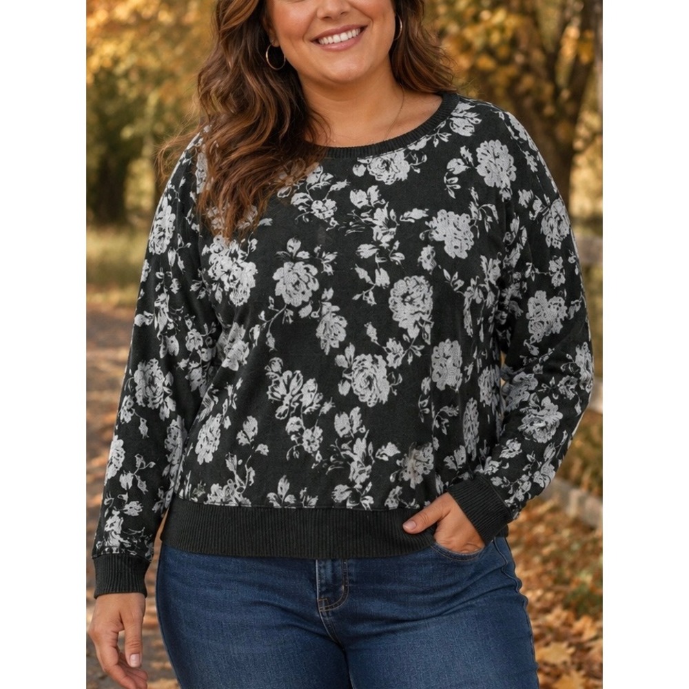 Honeydew Women Sweatshirt Olive Green XXL Floral Rose Lounge Long Sleeve Top